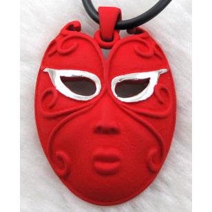 lacquered mask Necklace, alloy, rubber cord, red