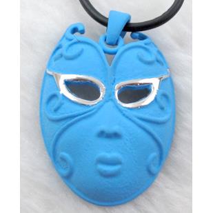 lacquered mask Necklace, alloy, rubber cord, blue