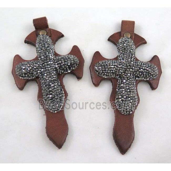 leather pendant paved rhinestone, cross