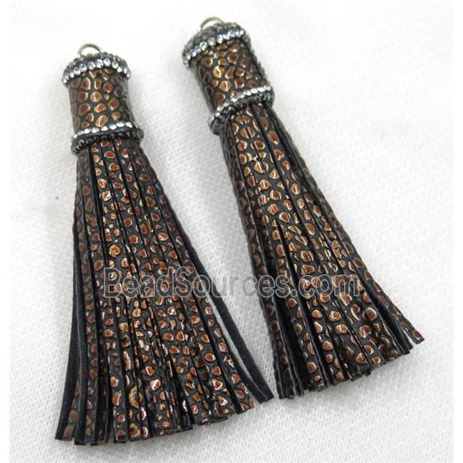 coffee PU leather tassel pave rhinestone