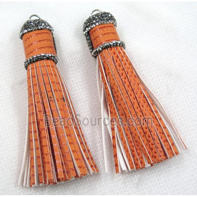 orange PU leather tassel pave rhinestone