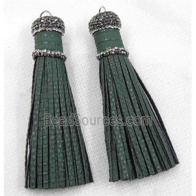 darkgreen PU leather tassel pave rhinestone