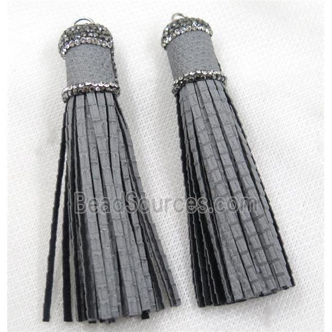 gray PU leather tassel pave rhinestone