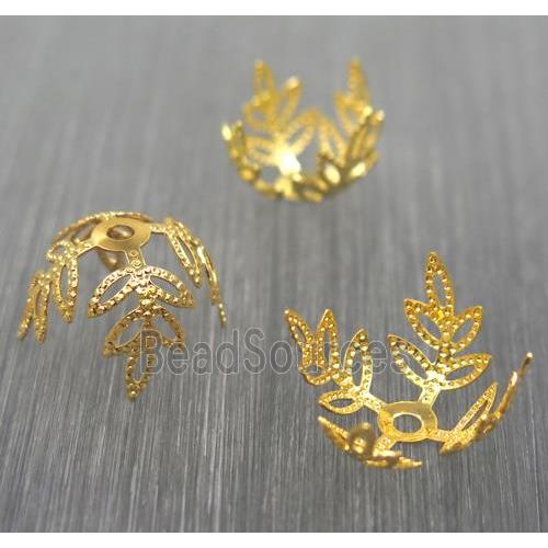 Brass beadcaps, four leaf, gold plated