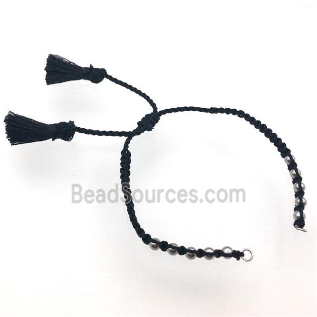 black nylon wire bracelet chain with tassel, platinum plated beads