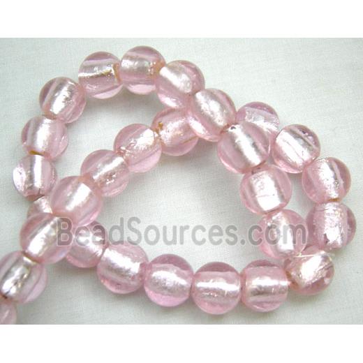 Silver Foil Glass Beads, Round, Pink