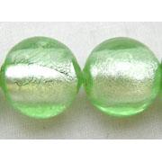 Lampwork Glass Beads with silver foil, round, lt.green