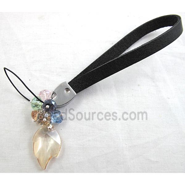 Mobile phone rope, String hanger PU leather, Crystal Pendant