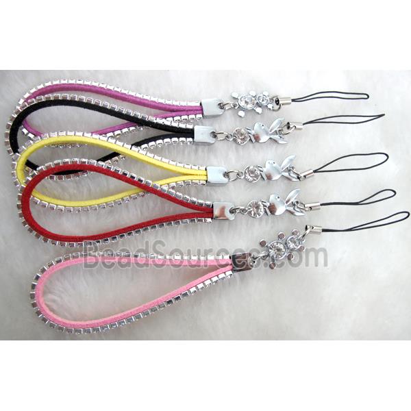 Mobile phone rope, String hanger, suede with 1 row rhinestone, mix