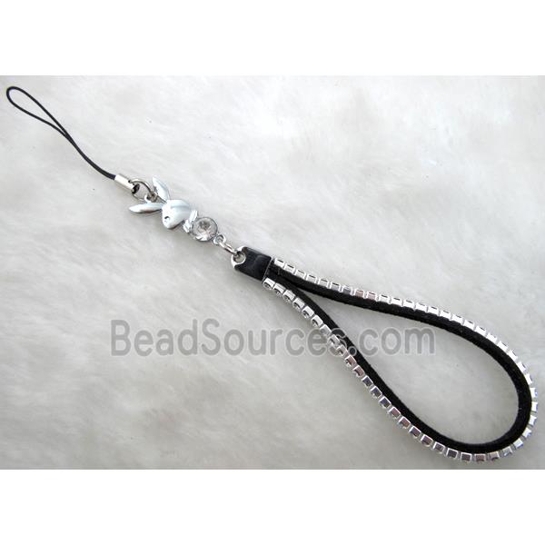 Mobile phone rope, String hanger, suede with 1 row rhinestone, mix