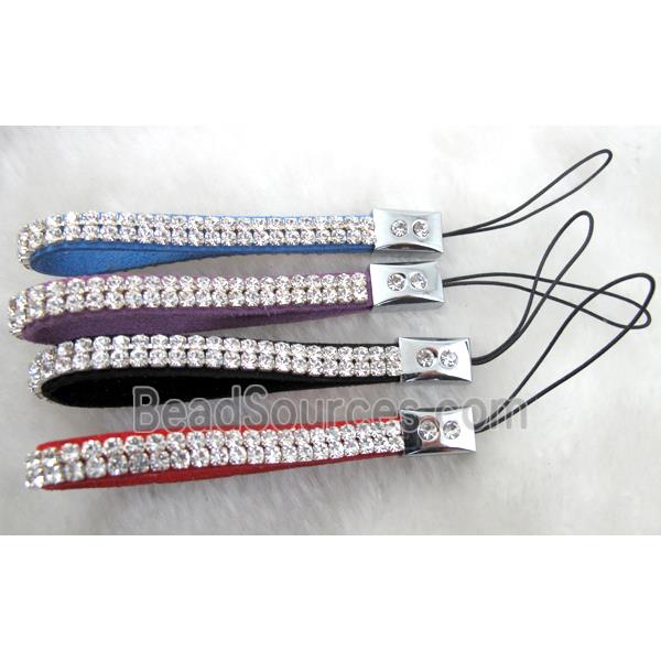 Mobile phone rope, String hanger, suede with 2 row rhinestone, mix