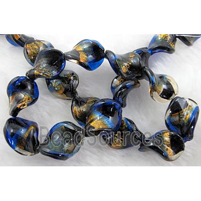 dichromatic lampwork glass beads with gold foil, twist, blue