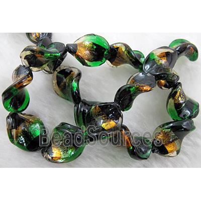 dichromatic lampwork glass beads with gold foil, twist, green