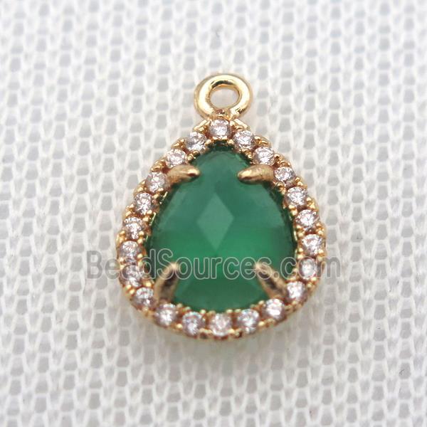 copper teardrop pendant pave zircon with green crystal glass, gold plated