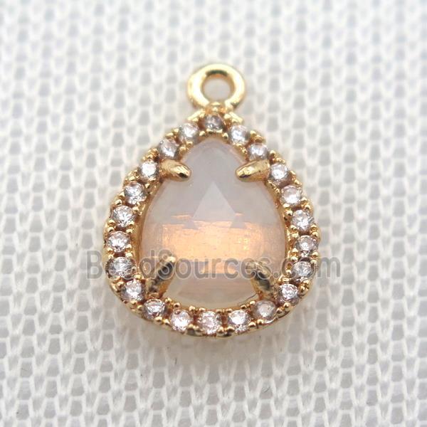 copper teardrop pendant pave zircon with opalite crystal glass, gold plated