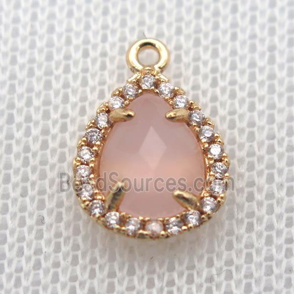 copper teardrop pendant pave zircon with pink crystal glass, gold plated