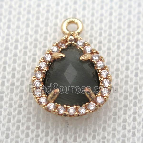 copper teardrop pendant pave zircon with grey crystal glass, gold plated