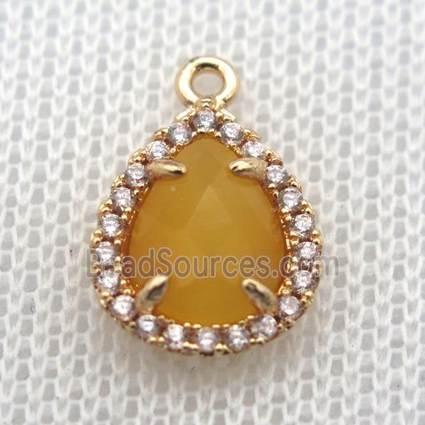 copper teardrop pendant pave zircon with yellow crystal glass, gold plated