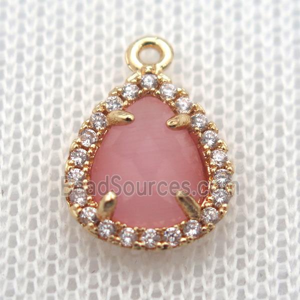 copper teardrop pendant pave zircon with pink crystal glass, gold plated