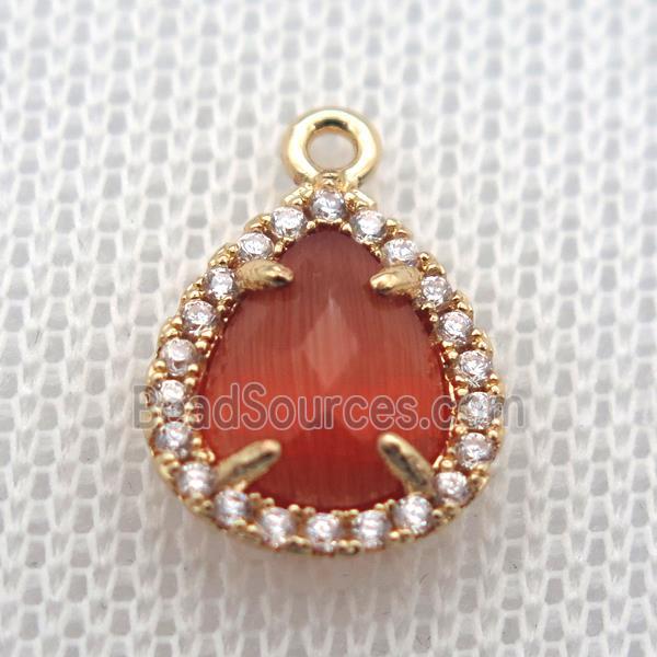 copper teardrop pendant pave zircon with red crystal glass, gold plated