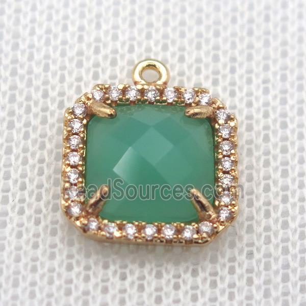 copper square pendant pave zircon with green crystal glass, gold plated