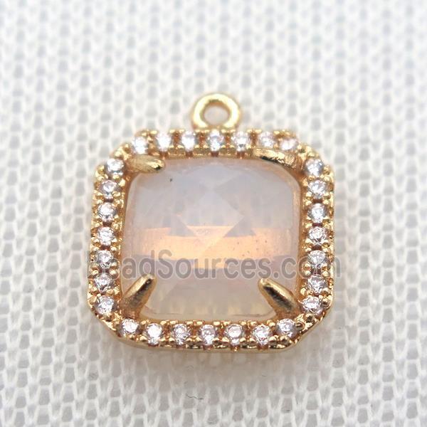 copper square pendant pave zircon with opalite, gold plated