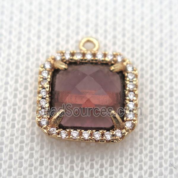 copper square pendant pave zircon with crystal glass, gold plated