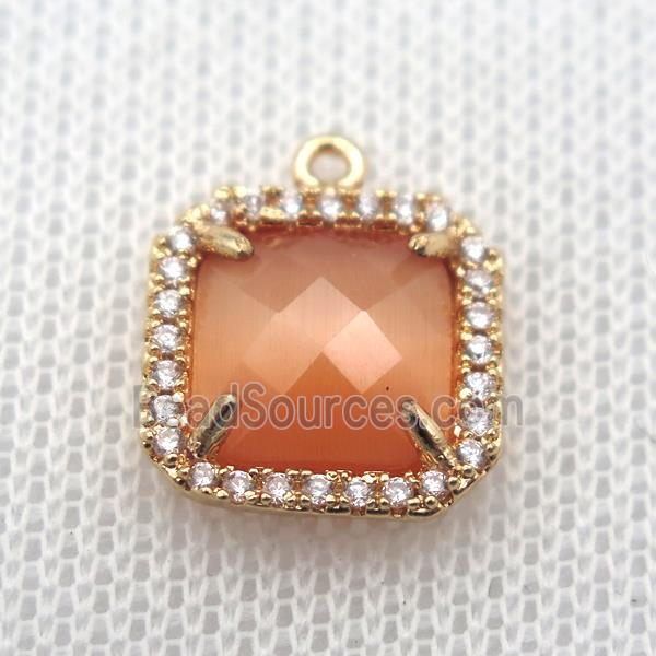 copper square pendant pave zircon with orange crystal glass, gold plated