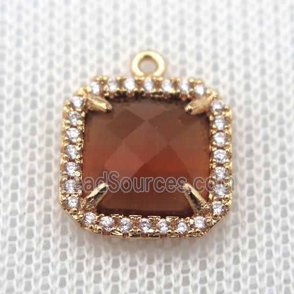 copper square pendant pave zircon with crystal glass, gold plated