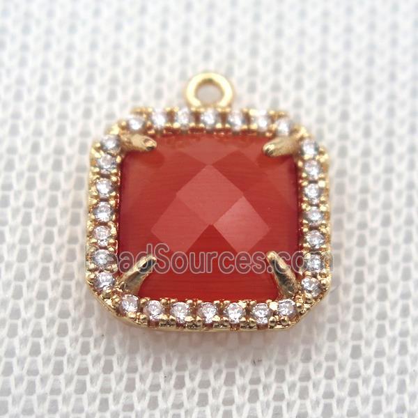 copper square pendant pave zircon with red crystal glass, gold plated