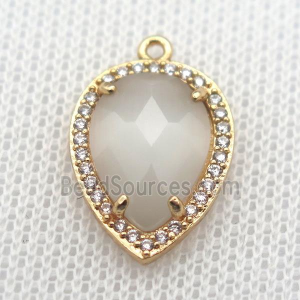 copper teardrop pendant pave zircon with white crystal glass, gold plated