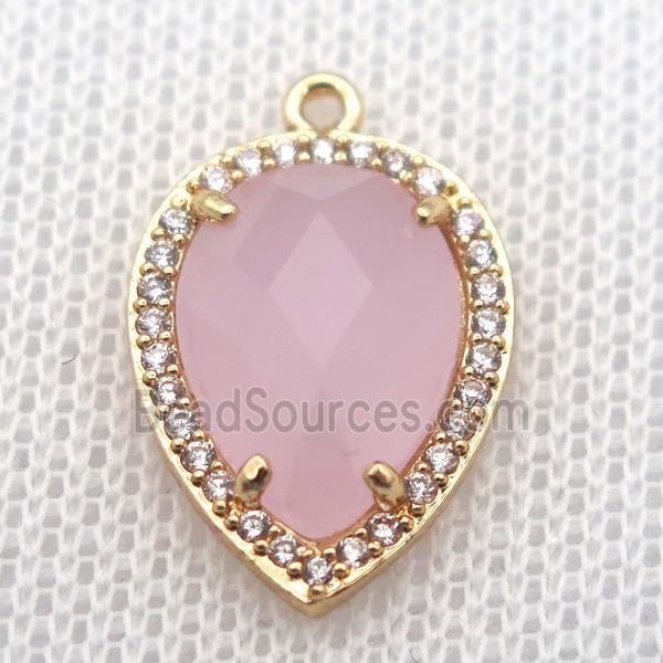 copper teardrop pendant pave zircon with pink crystal glass, gold plated