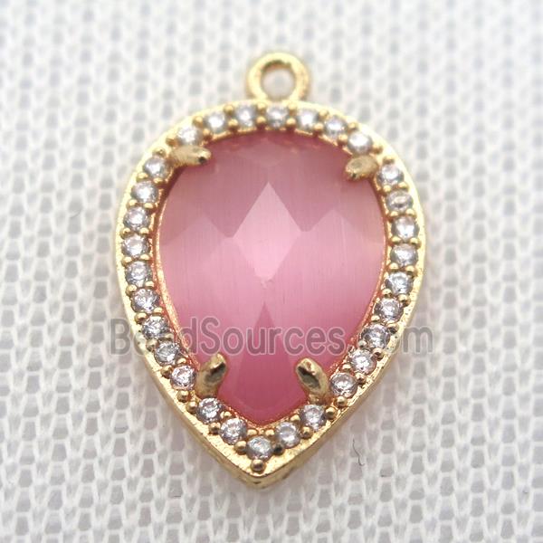 copper teardrop pendant pave zircon with pink crystal glass, gold plated