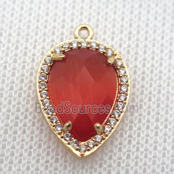 copper teardrop pendant pave zircon with red crystal glass, gold plated