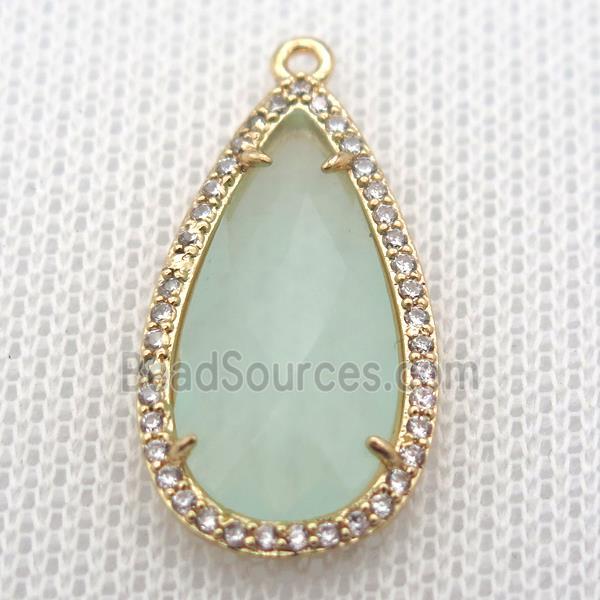 copper teardrop pendant pave zircon with green crystal glass, gold plated