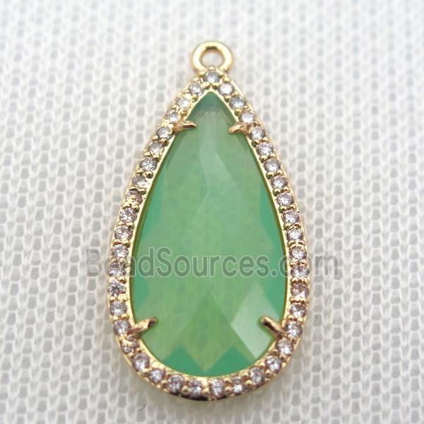 copper teardrop pendant pave zircon with green crystal glass, gold plated