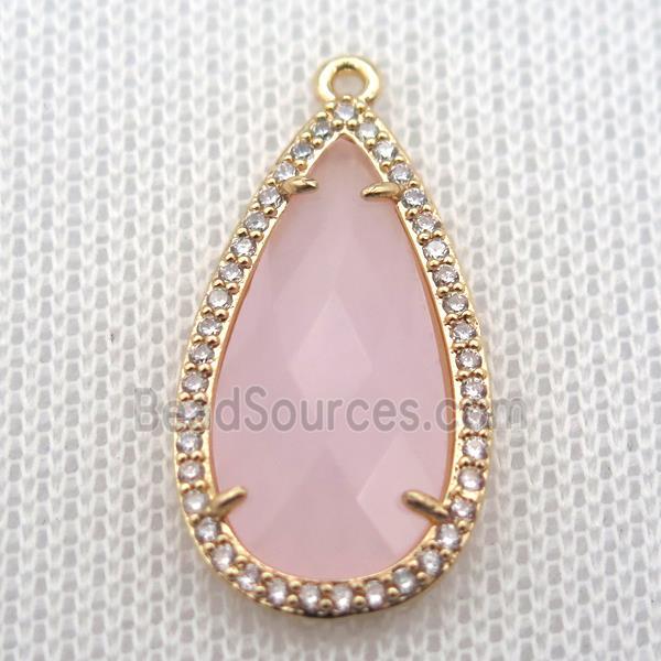 copper teardrop pendant pave zircon with pink crystal glass, gold plated