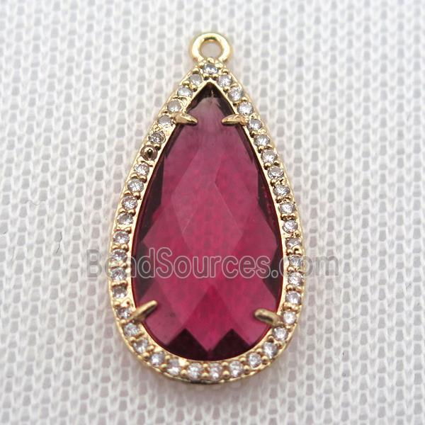 copper teardrop pendant pave zircon with redwine crystal glass, gold plated