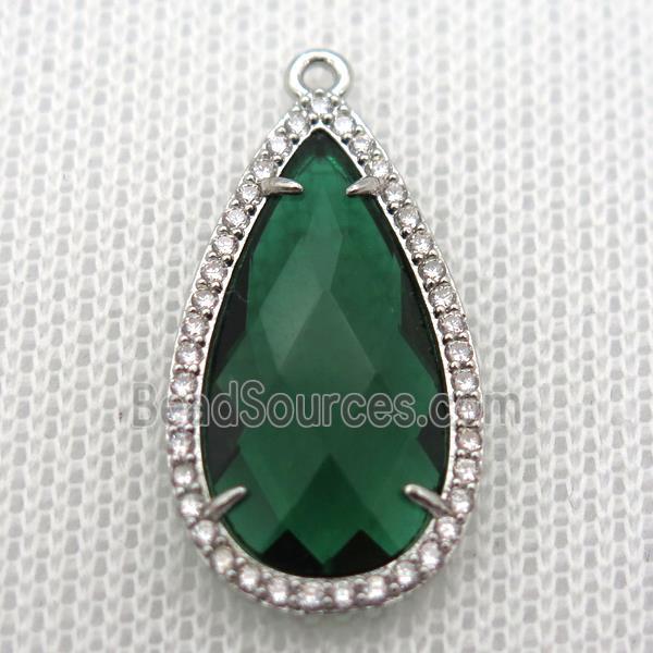 copper teardrop pendant pave zircon with deepgreen crystal glass, platinum plated