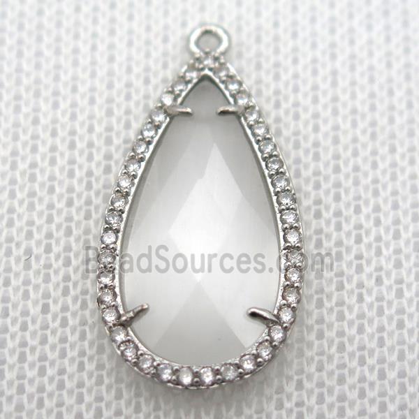 copper teardrop pendant pave zircon with white crystal glass, platinum plated