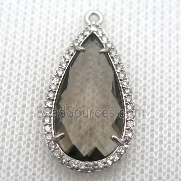 copper teardrop pendant pave zircon with gray crystal glass, platinum plated