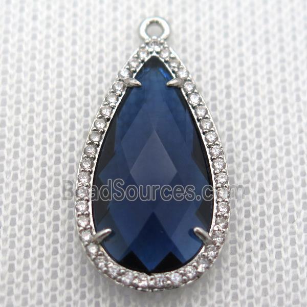 copper teardrop pendant pave zircon with deepblue crystal glass, platinum plated