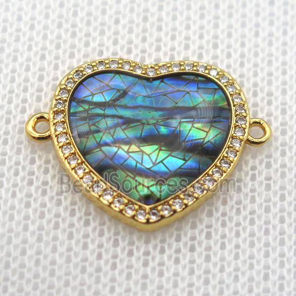 copper heart connector paved zircon with abalone shell, gold plated