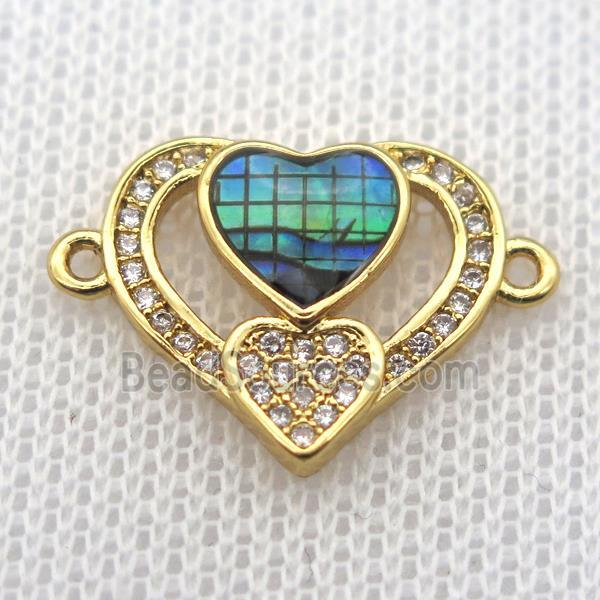 copper heart connector paved zircon with abalone shell, gold plated