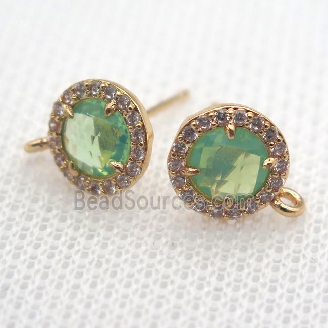 copper circle stud Earrings pave zircon with green crystal glass, gold plated