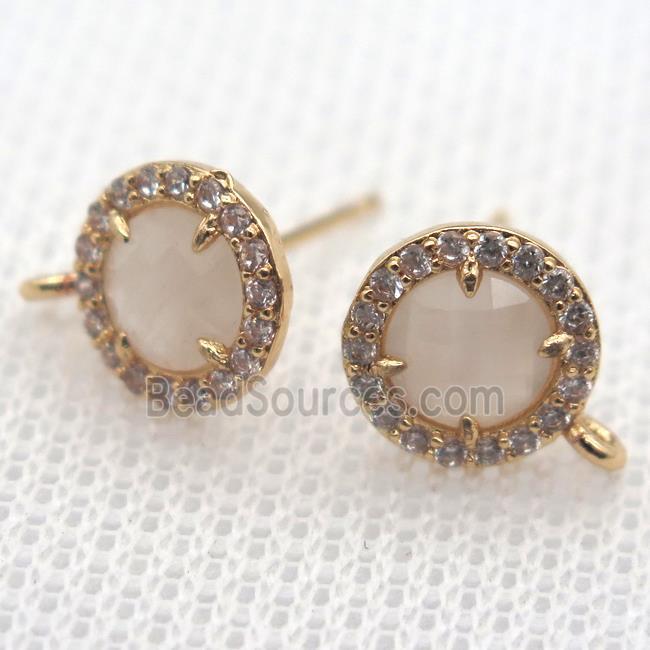 copper circle stud Earrings pave zircon with white crystal glass, gold plated