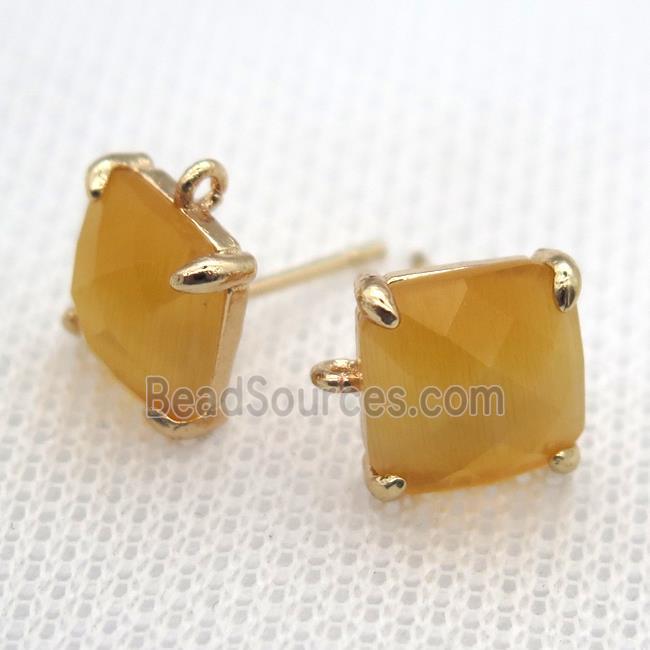 copper square stud Earrings with yellow crystal glass, gold plated