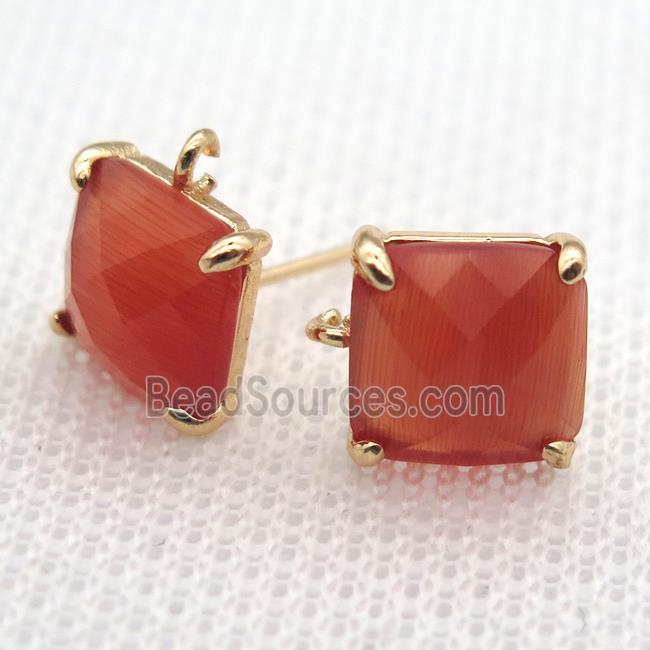 copper square stud Earrings with red crystal glass, gold plated