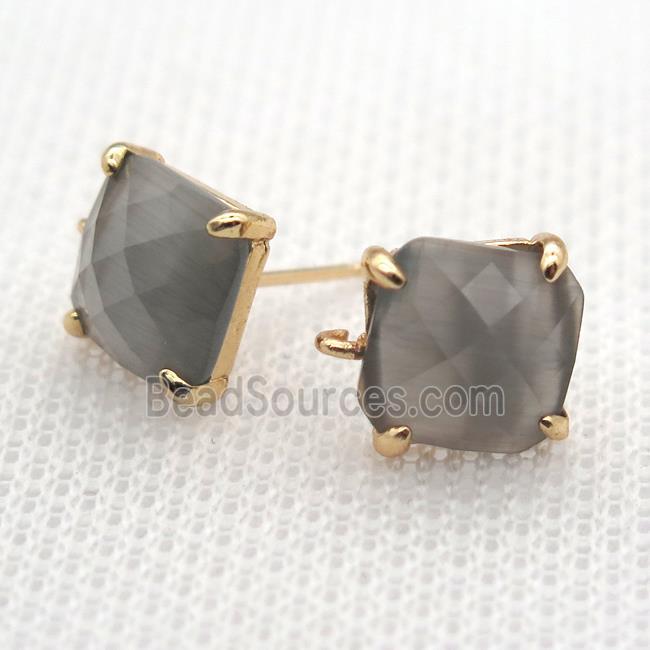 copper square stud Earrings with gray crystal glass, gold plated