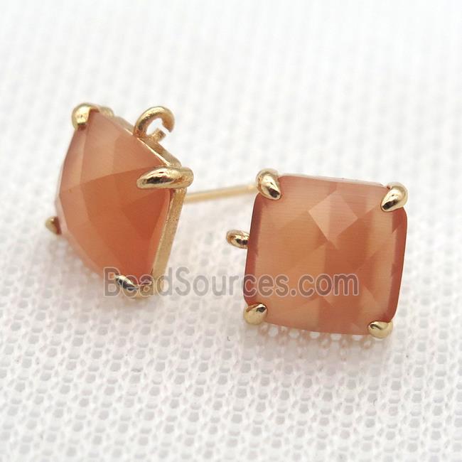 copper square stud Earrings with orange crystal glass, gold plated